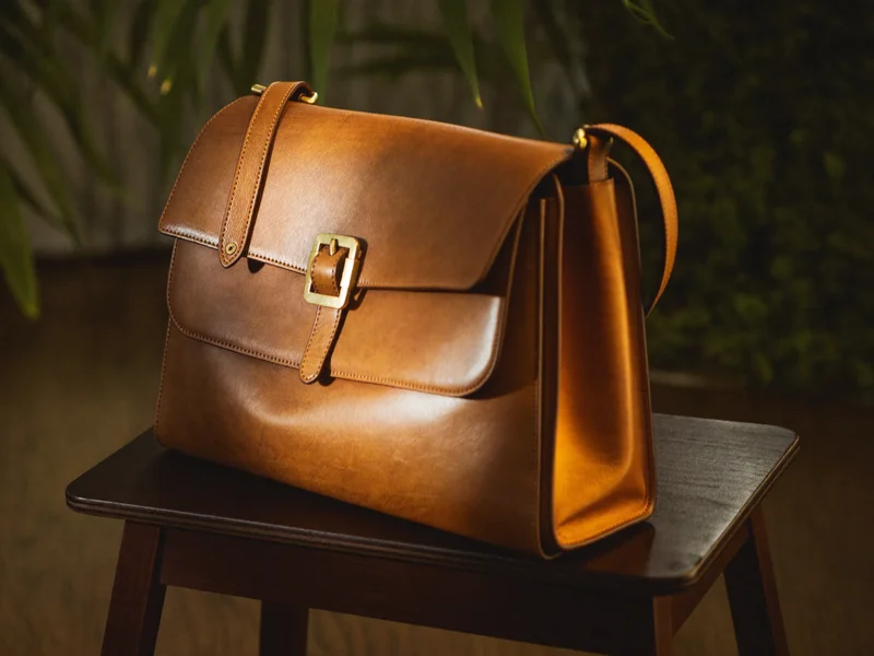 Cognacbraune Ledertasche mit Messingschnalle liegt auf einer dunklen Holzbank